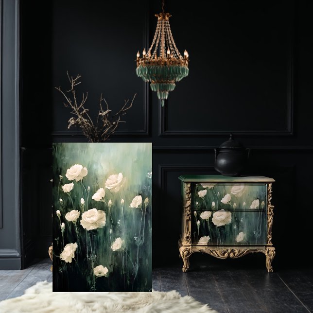 Papel De Seda Delicados Plumes Carnations Campo Floral (Carnations, Delicate Plumes, Floral Field, Emerald Green & Beige, Decoupage Tissue Paper. )