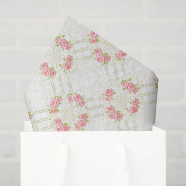 Papel De Seda Delicate Gold Scrollwork & Pink Roses Floral (Bolsa de regalo)