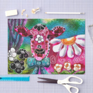 Papel De Seda Deliciosa vaca floral rosa Verde azulada en negro