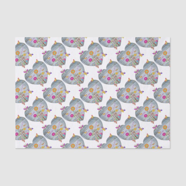 Papel De Seda Denim Pocket Heart Flowers Butterflies (Anverso)