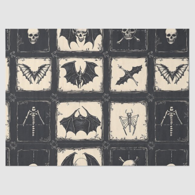 Papel De Seda Denim Quilt con murciélagos y esqueletos (Anverso)