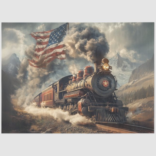 Papel De Seda Deoupage Vintage Steam Locomotive American Flag (Anverso)