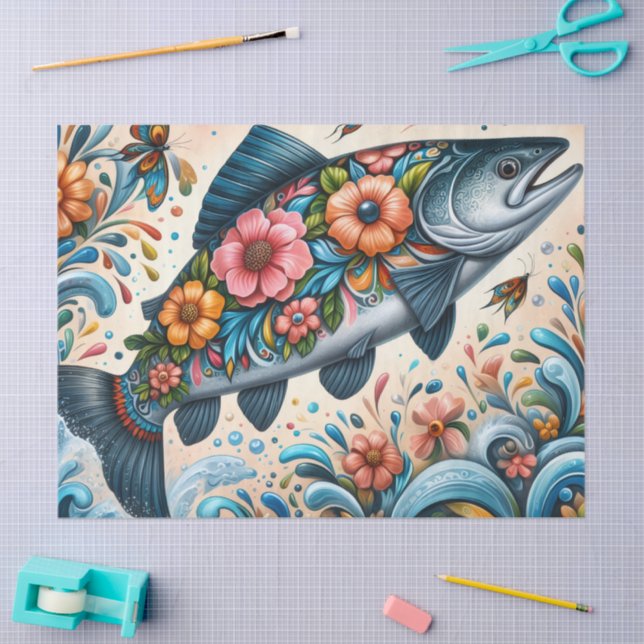 Papel De Seda Depuración capilar de peces salmón floral (Artesanía)