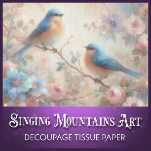 Papel De Seda Descenso de aves azules y flores románticas vintag