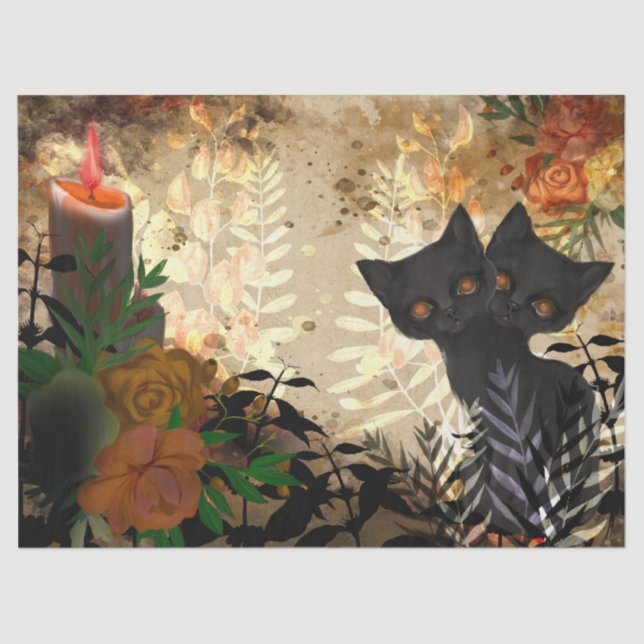 Papel De Seda Descenso floral de gato de Halloween (Anverso)