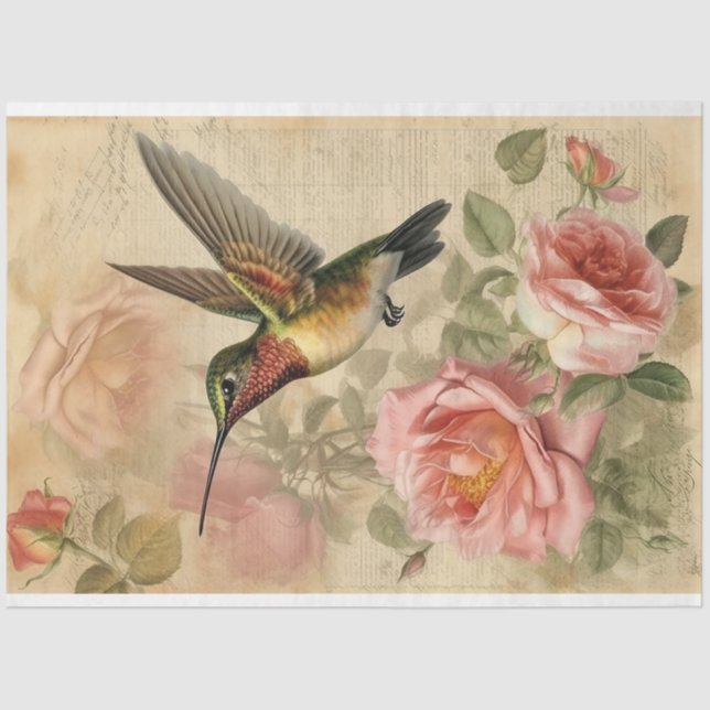 Papel De Seda Desconexión de colibrí y rosas rosadas (Anverso)