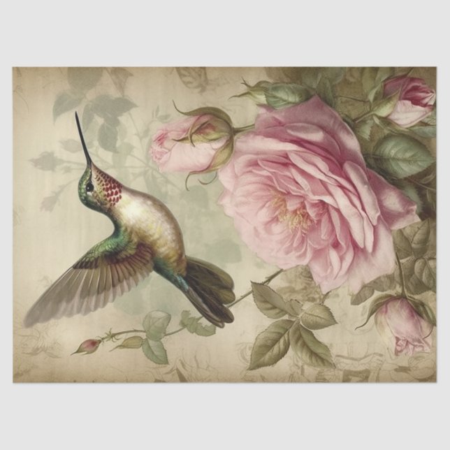Papel De Seda Desconexión de colibrí y rosas rosadas (Anverso)
