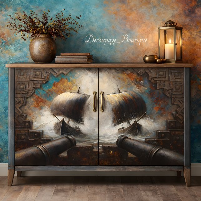 Papel De Seda Desenlace de batalla de larga duración (Viking Longship Battle Decoupage Tissue Paper Mockup)