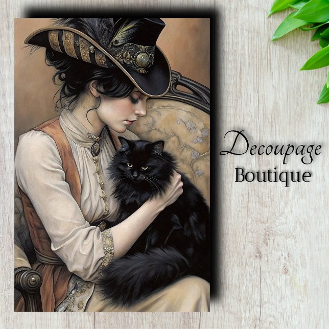 Papel De Seda Desenlace de gato negro de Lady Victoriana (Victorian Lady Black Cat Decoupage Tissue Paper)