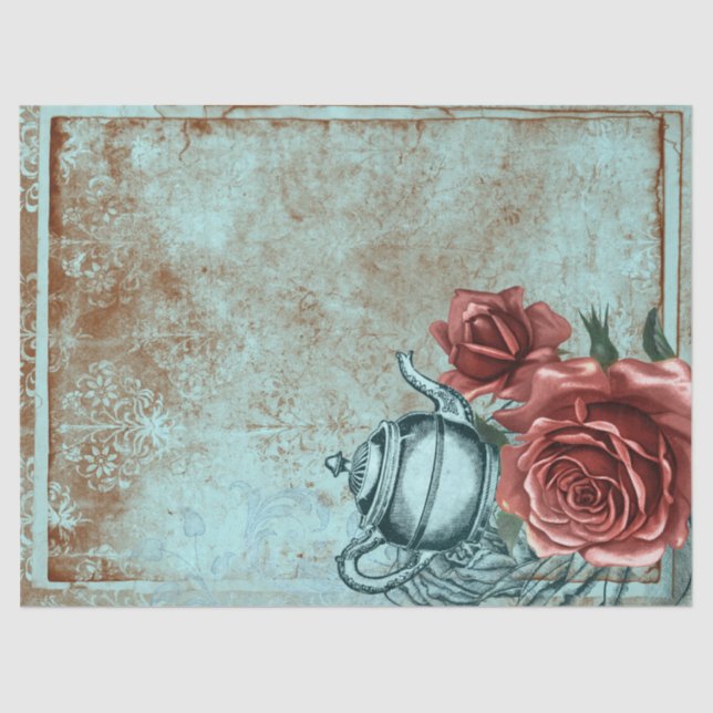 Papel De Seda Desenlace de la tetera floral turquesa (Anverso)