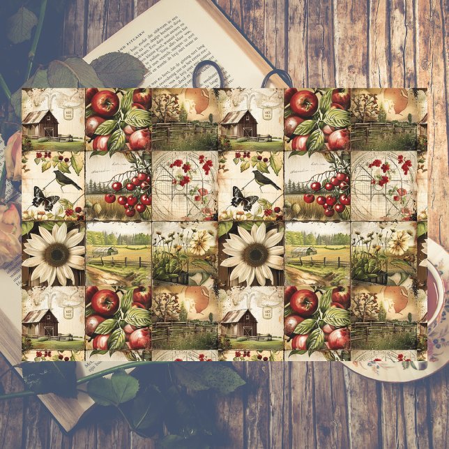 Papel De Seda Desenlace del Collage de Rustic Farmland (Rustic Farmland Collage Decoupage Paper)