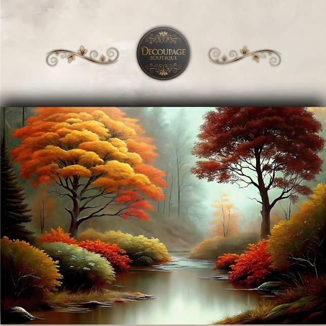 Papel De Seda Desenlace paisajístico de la escena del río Otoño  (Golden Autumn River Scene Landscape Decoupage Tissue Paper)