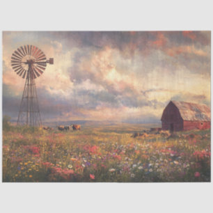 Papel De Seda Desenvolvimiento Paisaje Windmill Red Barn Wildflo