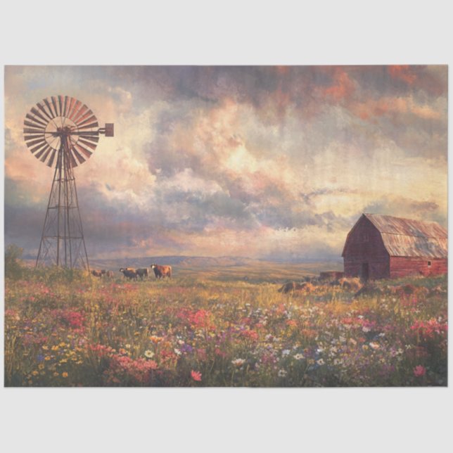 Papel De Seda Desenvolvimiento Paisaje Windmill Red Barn Wildflo (Anverso)