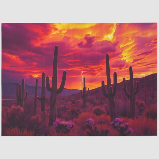 Papel De Seda Desert Cactus Sunset Lightning Dramatic Southwest (Anverso)