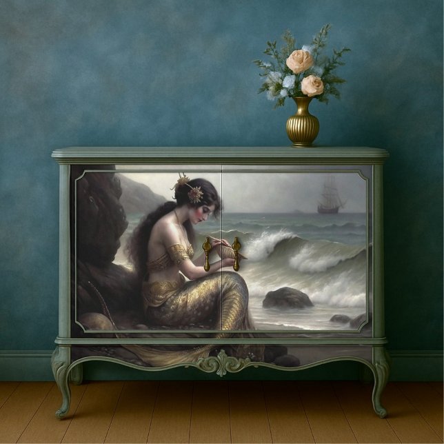 Papel De Seda Deslizamiento marino de la Sirena en desenlace dor (Mermaid's Sea Scroll in Gold Decoupage Tissue Paper)