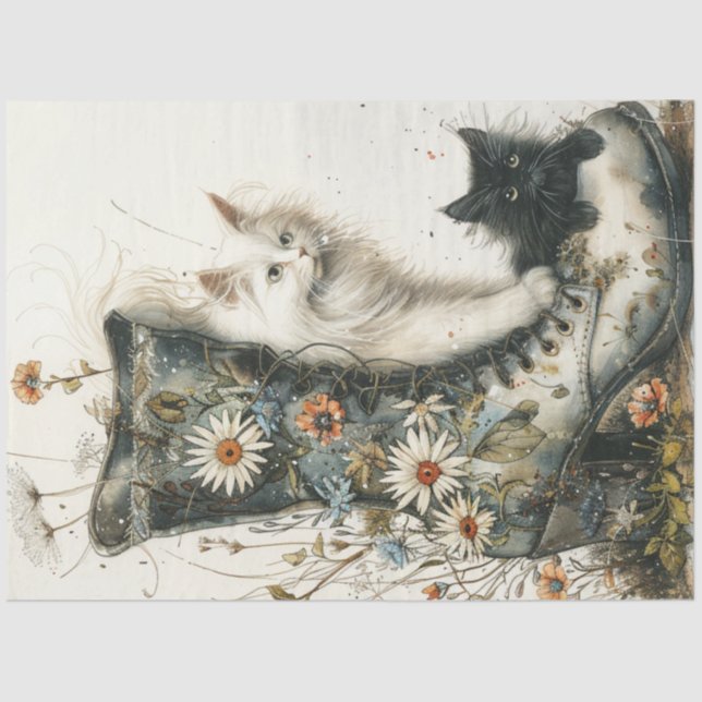 Papel De Seda Desmaquillaje de gatos caprichosos y flores de arr (Anverso)