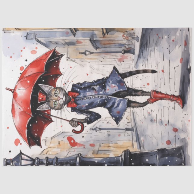 Papel De Seda Desmaquillaje del gato con paraguas rojos caminand (Anverso)