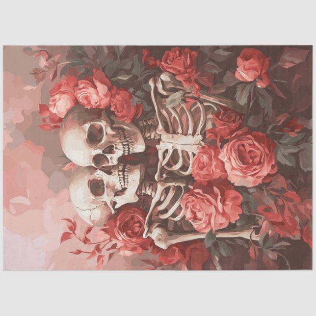 Papel De Seda Desmoronar la pareja de esqueletos en rosas rosa r (Anverso)