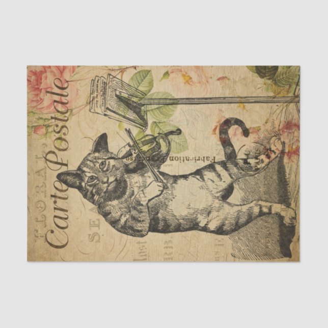 Papel De Seda Desnuda de Gato Ephemera Francés Jugando Rosas De  (Anverso)