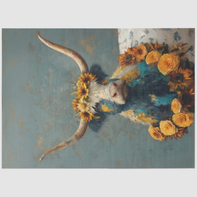 Papel De Seda Desnuda Whimsical Blue Crackled Highland Cow (Anverso)