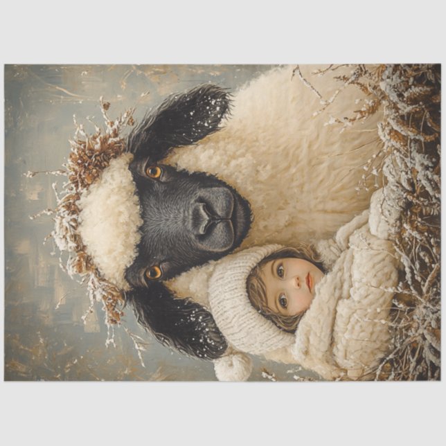 Papel De Seda Desnudar a un niño caprichoso sentado con una ovej (Anverso)