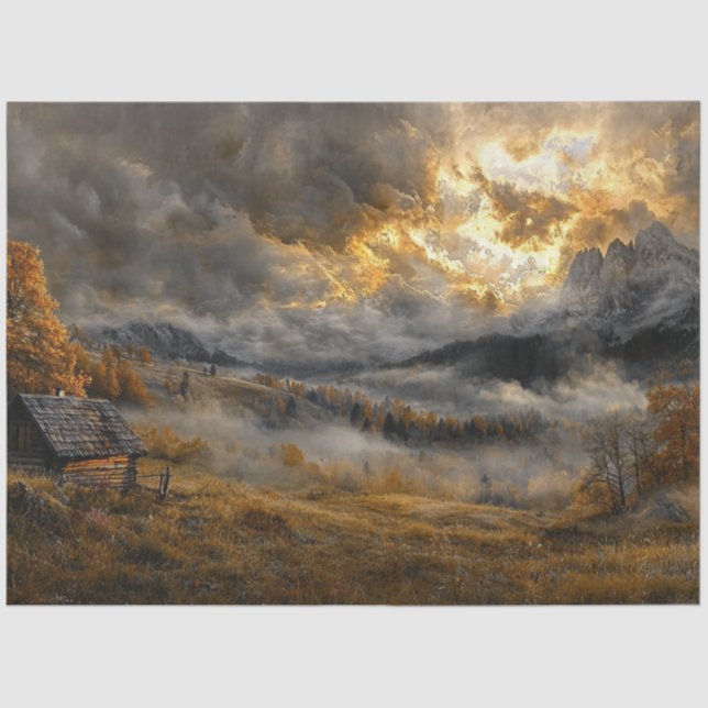 Papel De Seda Desnudar la cabaña de montaña al atardecer (Anverso)