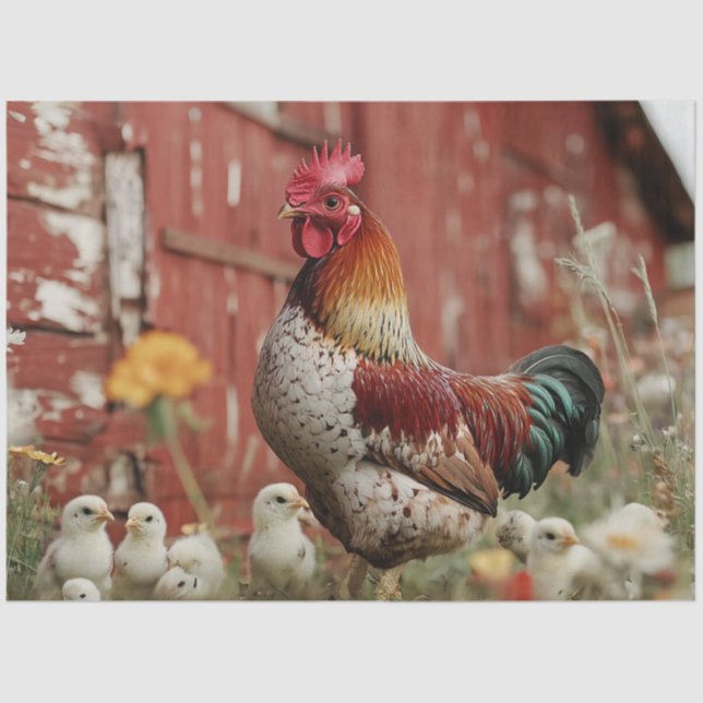 Papel De Seda Desnudar la escena de la granja rústica Rooster Ch (Anverso)