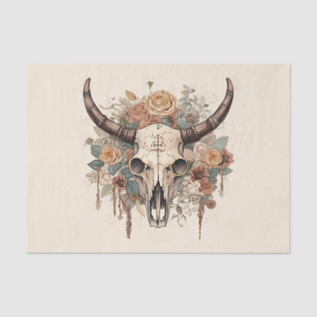Papel De Seda Desnudo floral del bull Boho occidental Skull (Anverso)