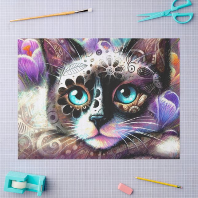 Papel De Seda Desnudo morado floral del gato kitano siamés Crocu (Artesanía)