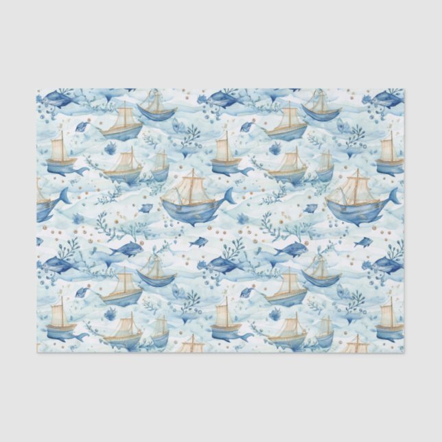 Papel De Seda Desnudos de barcos oceánicos con ballenas (Anverso)