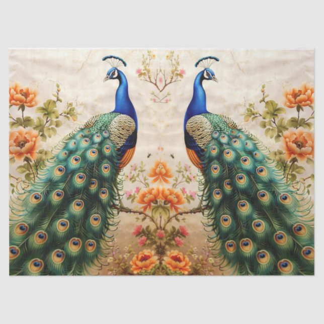 Papel De Seda Desnudos de dos pavos reales florales (Anverso)