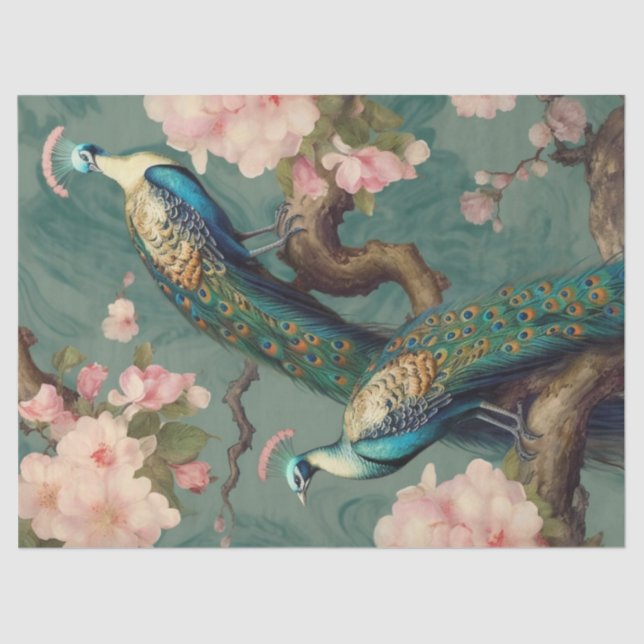 Papel De Seda Desnudos de dos pavos reales florales (Anverso)