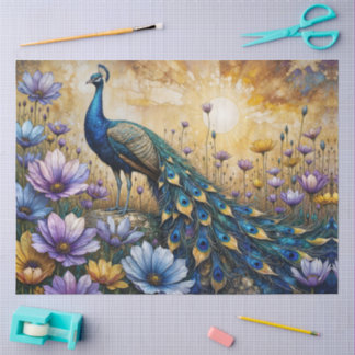 Papel De Seda Detailed Peacock in Floral Landscape