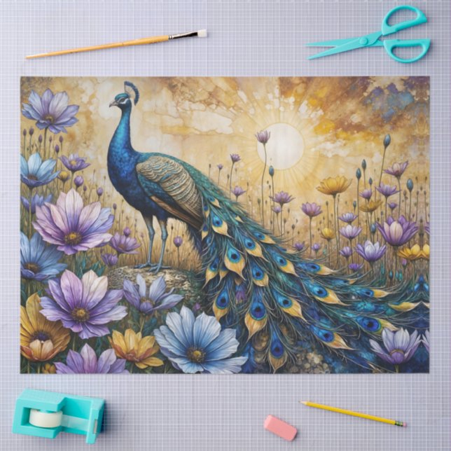 Papel De Seda Detailed Peacock in Floral Landscape (Artesanía)