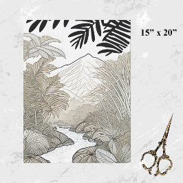 Papel De Seda Dibujo de líneas tropicales negras botánicas