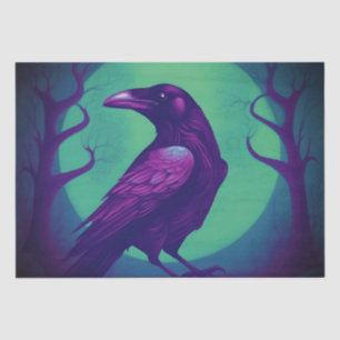 Papel De Seda Dibujo de un cuervo sobre fondo azul verde brillan