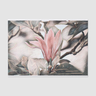 Papel De Seda Dibujo de una rama floral de magnolia rosa