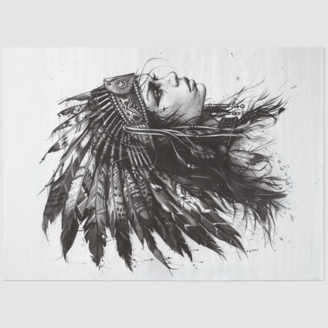 Papel De Seda Dibujo en blanco negro de la dama india norteameri (Anverso)