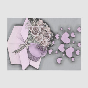 Papel De Seda Dibujo vintage de corazones y Rosas rosados en caj