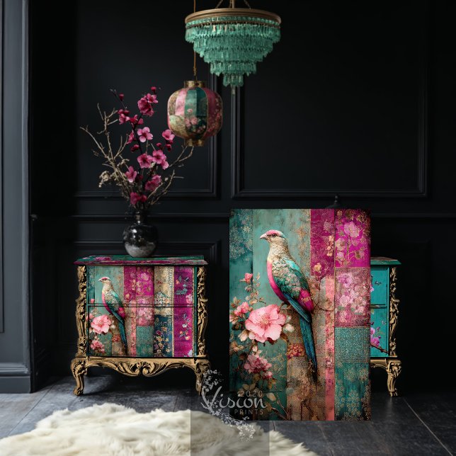 Papel De Seda Dinastía de los sueños, collage de parches de pája (Dream Dynasty, Bird & Floral, Chinoiserie, Patchwork Collage Decoupage Tissue Paper.)