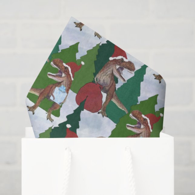 Papel De Seda Dinosaur Christmas T-Rex Santa (Bolsa de regalo)