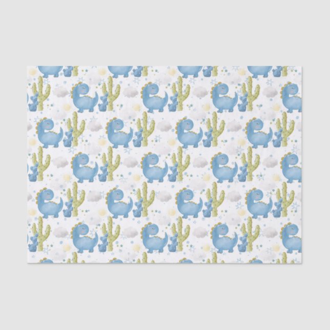 PAPEL DE SEDA DINOSAURIOS AZULES ADORABLES Y CACTO VERDE (Anverso)