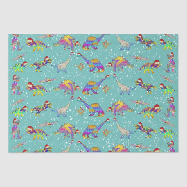 Papel De Seda Dinosaurios de Navidad con sombreros de Santa (Anverso)