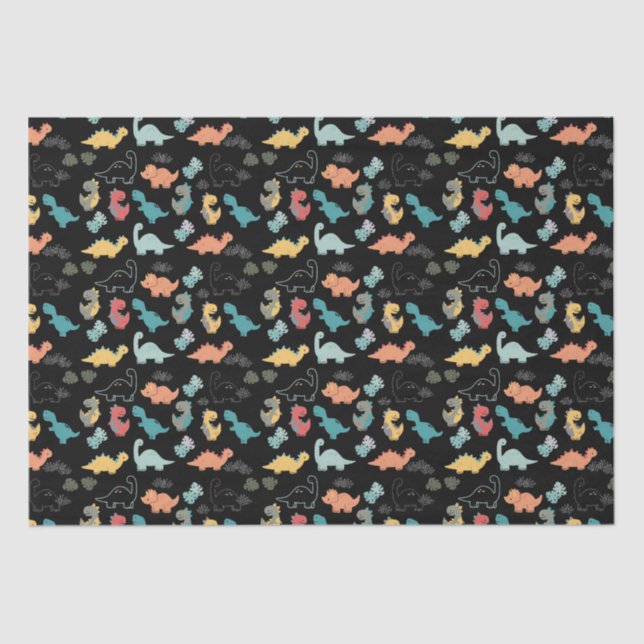 Papel De Seda Dinosaurios multicolores sobre fondo negro (Anverso)