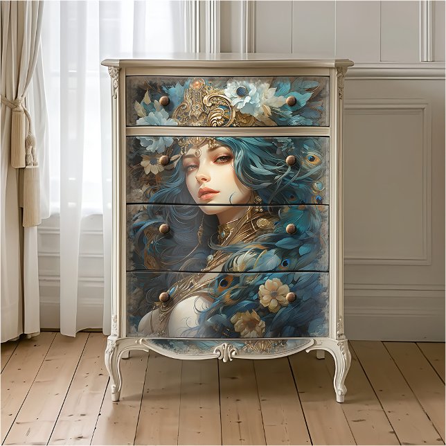 Papel De Seda Diosa con tocado de pavo real Art Nouveau (Subido por el creador)