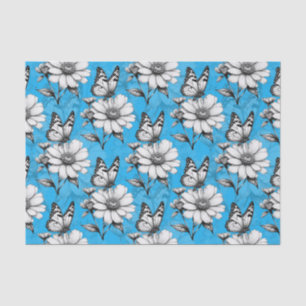 Papel De Seda Diseño azul del patrón de flor de mariposa
