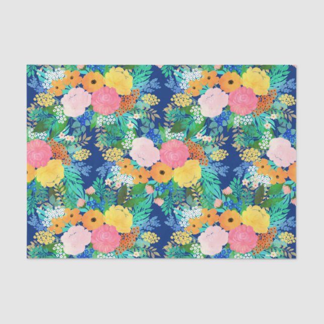Papel De Seda Diseño Boho de Flores Rosa Azul bonito (Anverso)