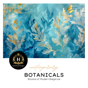 Papel De Seda Diseño Botánico Azul Elegante Oro
