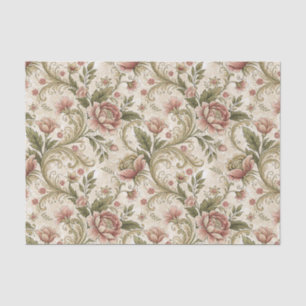 Papel De Seda Diseño damasco de flores vintage en durazno y verd